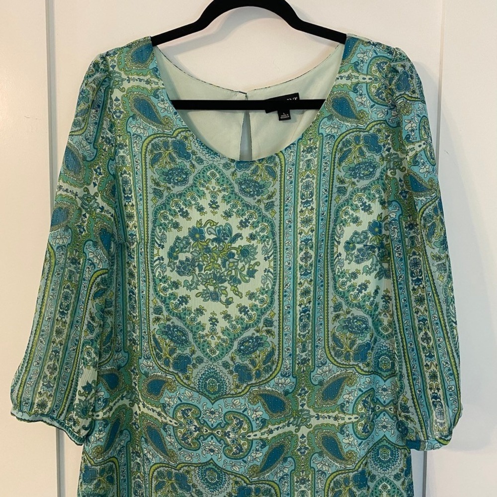 a.n.a. Paisley Boho Shift Dress Teal Green Lined Keyhole Back Closure Large Chic